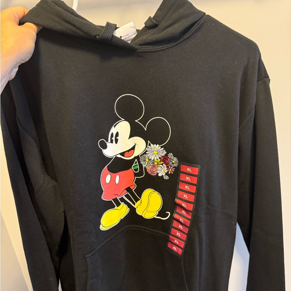 Black Mickey Mouse Graphic Hoodie with Floral Detail
